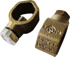 cULus listed cast bronze ground rod clamp for direct burial with stainless steel screw